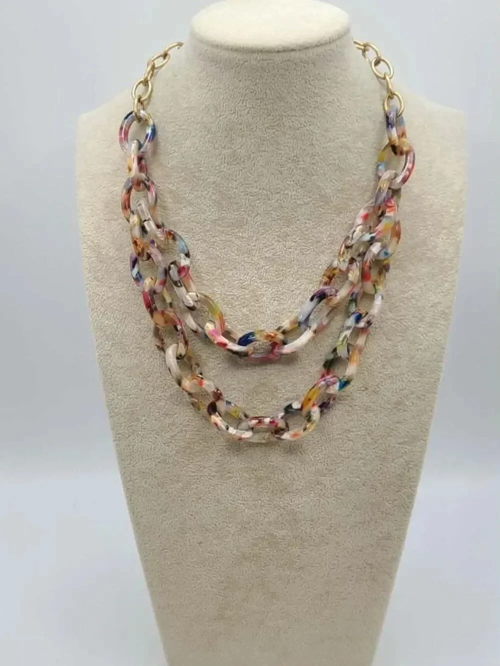 J Crew Multi Color Resin Double Strand Gold Tone Necklace